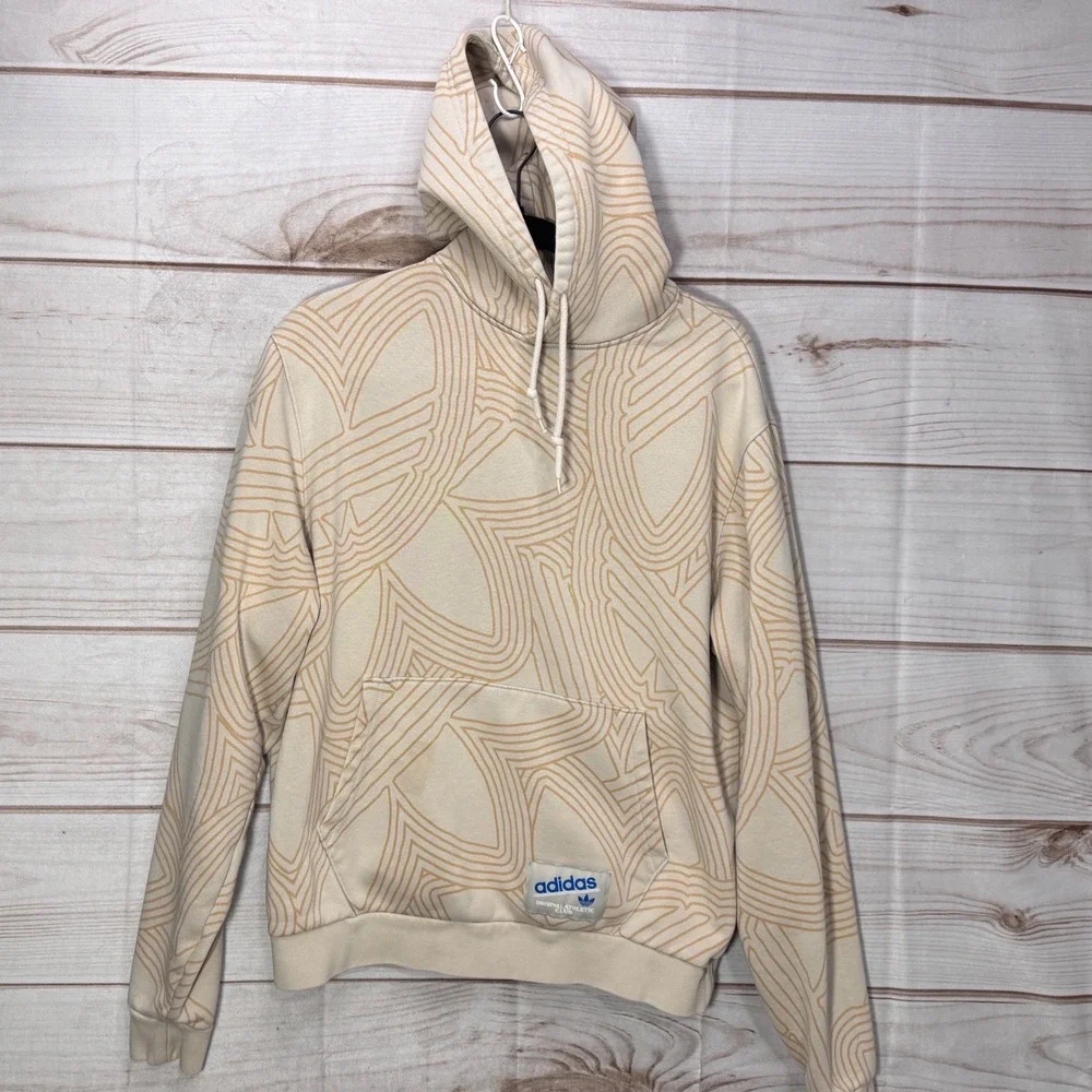 Adidas Originals Athletic Club Hoodie Cream Tan Abstract Trefoil Pattern XL